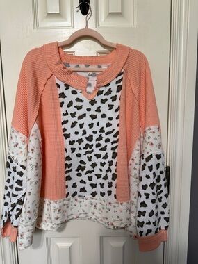 POL Women's Long Sleeve Mixed Print Peach and White Top